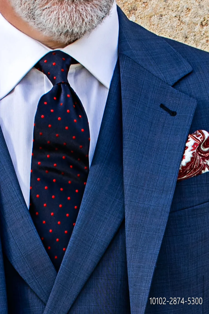 Blue silk cravat with red polka dots