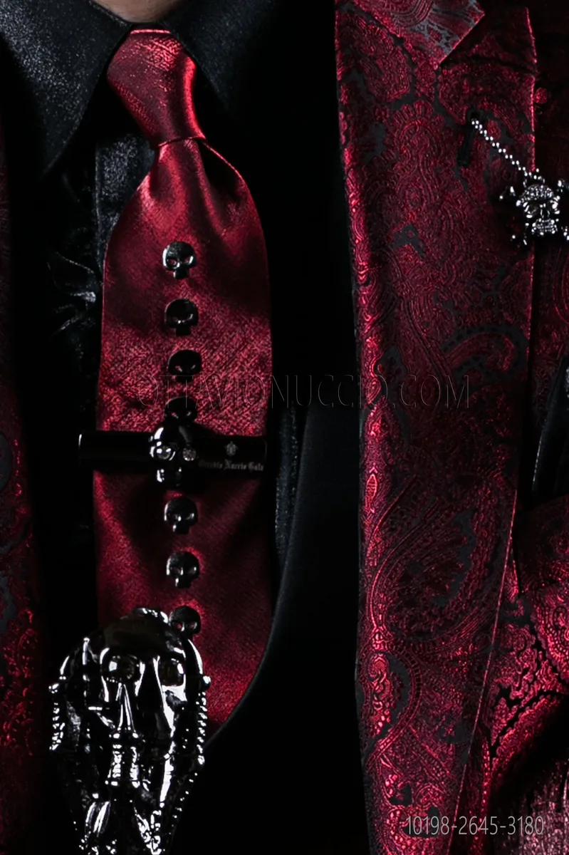 Cravattino in lurex rosso con applicazioni teschio