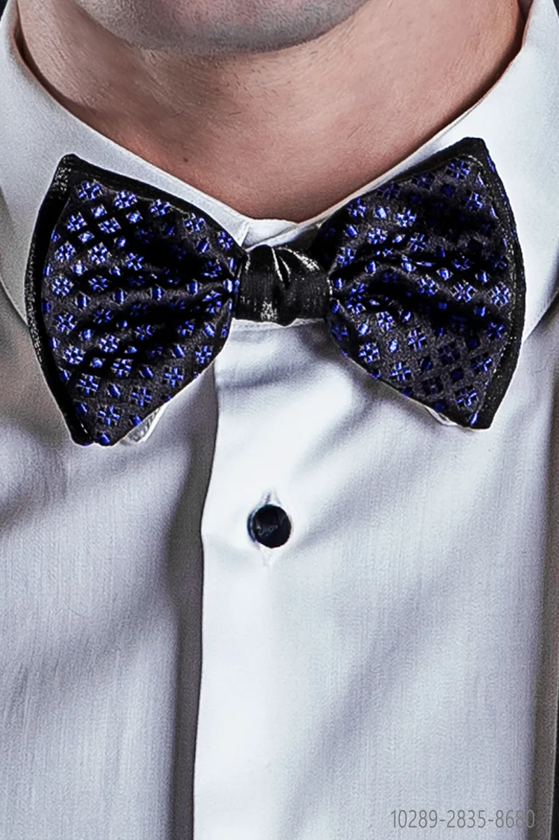 Papillon bicolore in seta nero con microdisegni blu elettrico