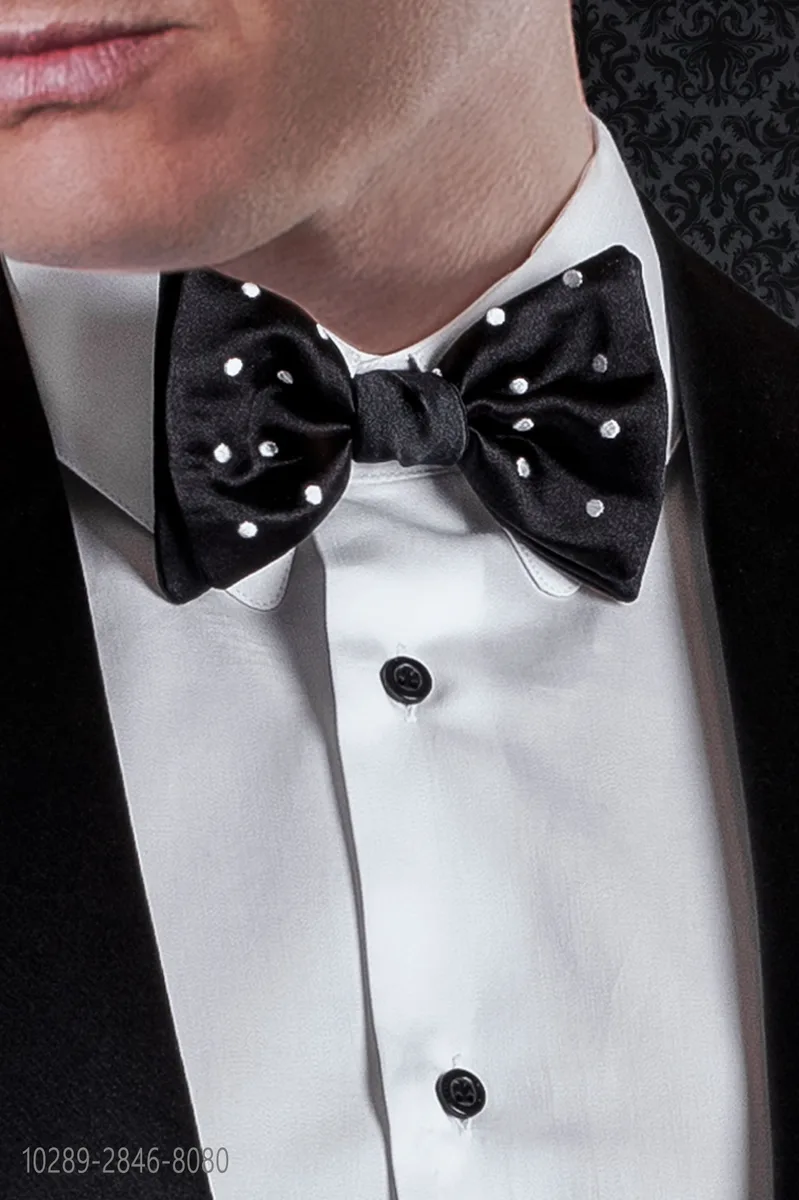 Papillon in seta nero pois bianchi