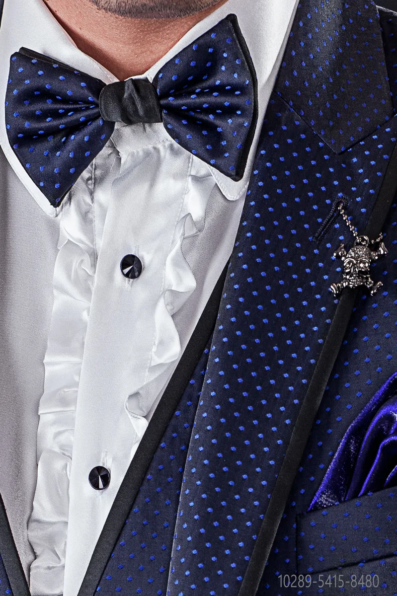 Papillon bicolore jacquard nero con pois blu