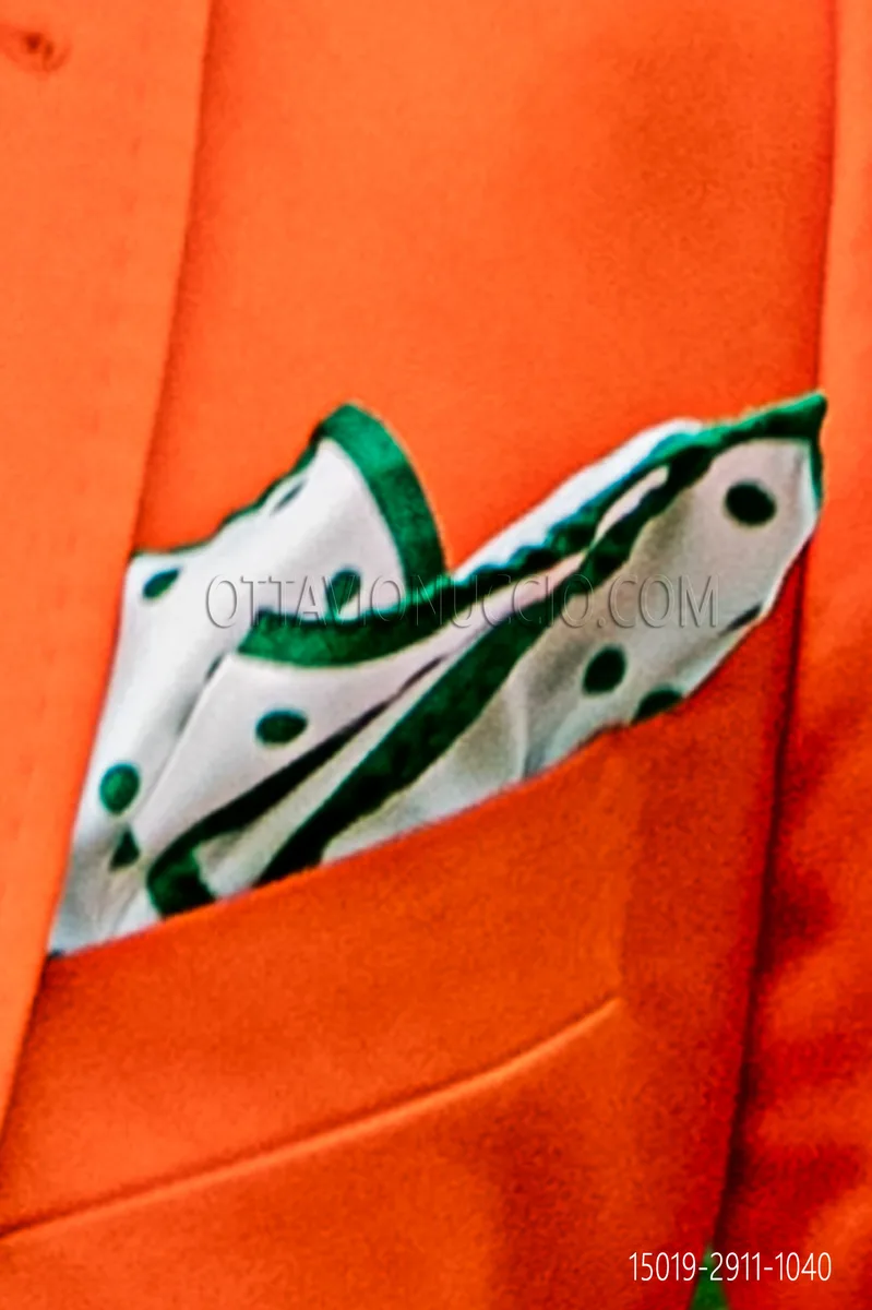 White twill silk handkerchief with green polka dots
