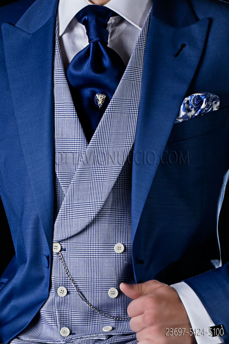 Gilet doppiopetto sciallato Principe di Galles azzurro