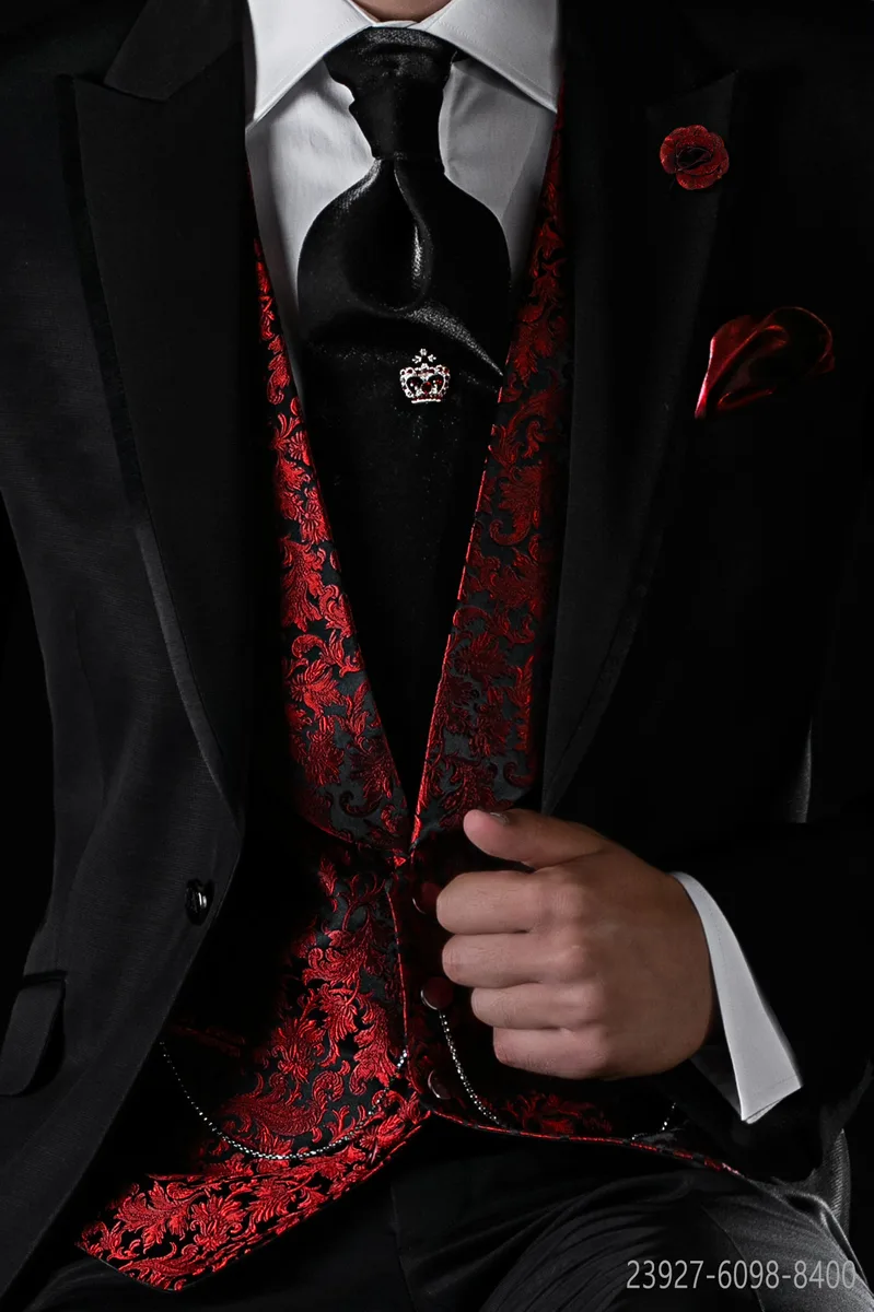 Gilet scollato sciallato in jacquard di seta rosso
