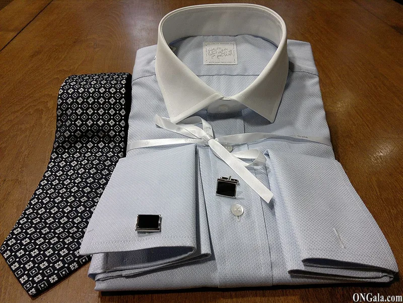Camicia micro disegno cotone celeste collo a contrasto