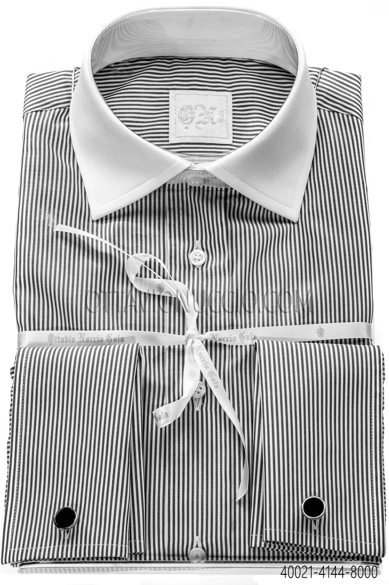 Camicia cotone bianco a righe nere collo a contrasto