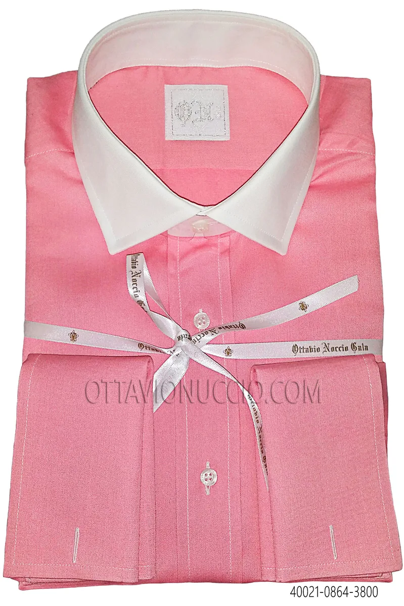 Camicia microdisegno cotone rosa collo a contrasto