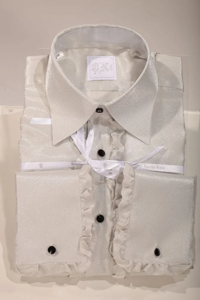 Camicia in lurex grigio perla con volant