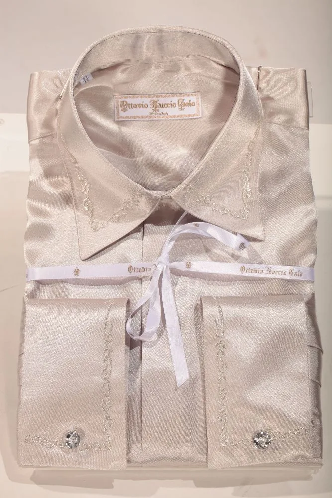 Camicia in raso grigio perla ricamo fiori argento