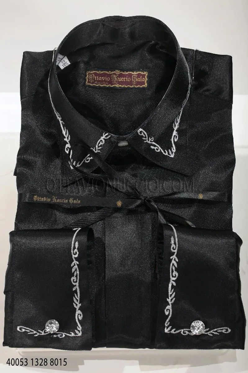 Camicia in raso nera ricamo perlato fiori