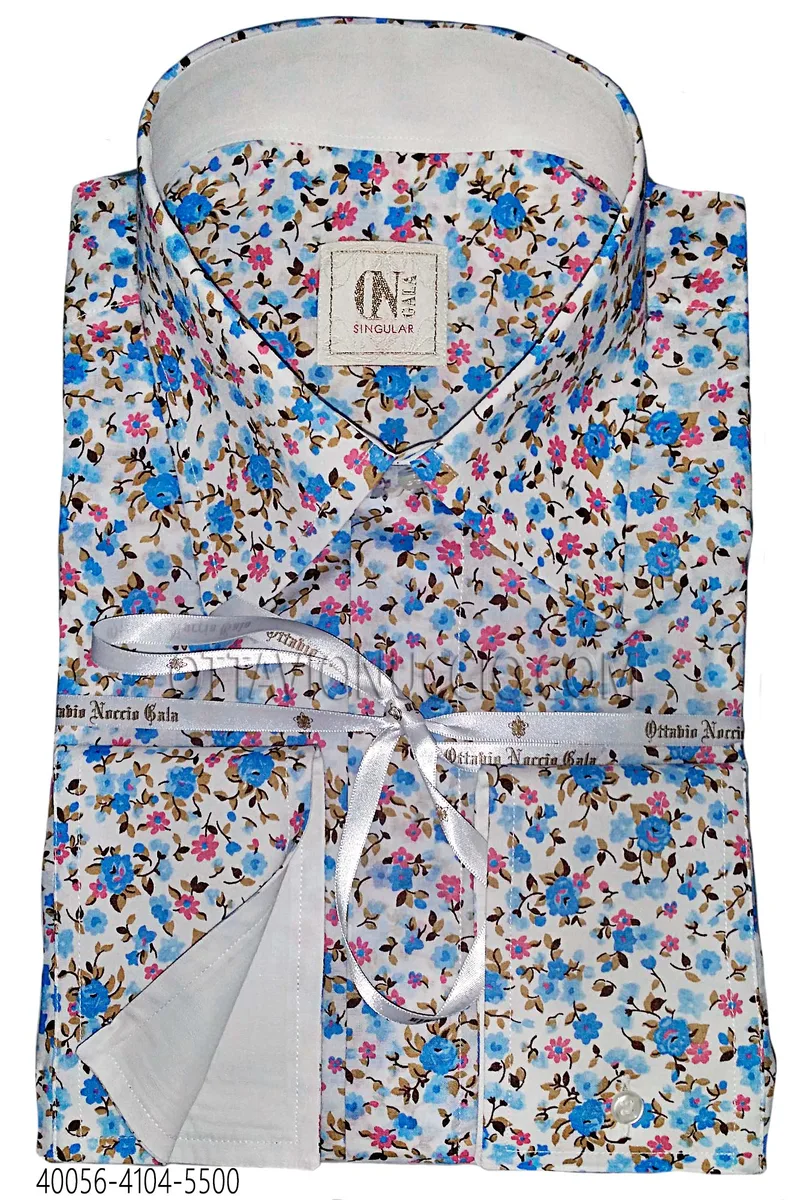 Camicia cotone disegno liberty celeste con contrasti