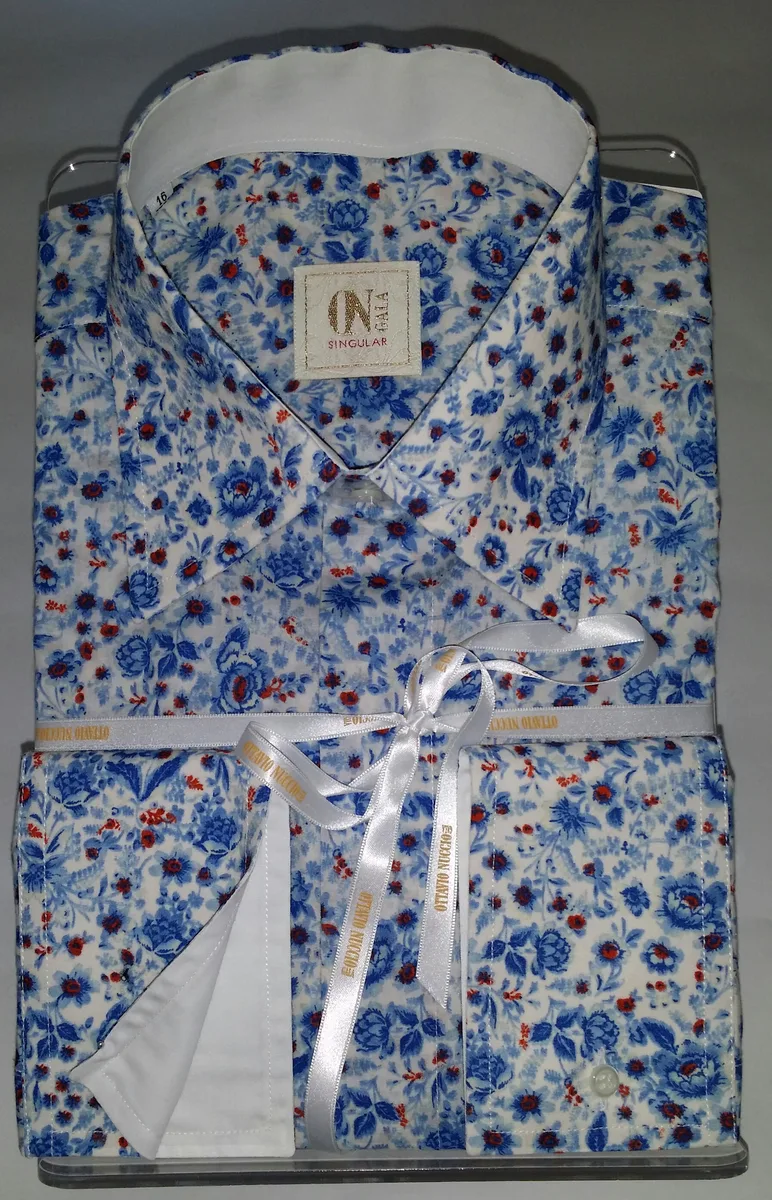 Camicia cotone disegno liberty celeste con contrasti