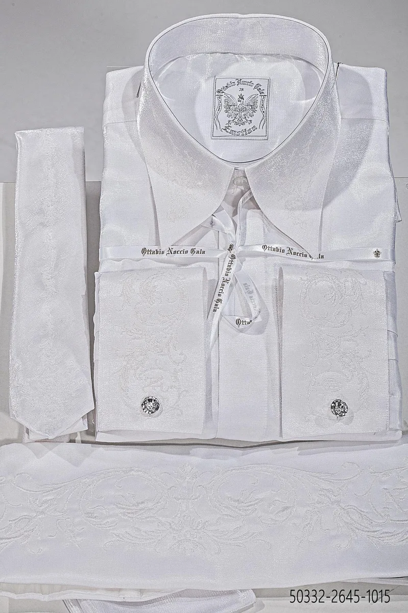 Camicia, Cravatta e Fascia in tessuto lurex bianco con ricamo