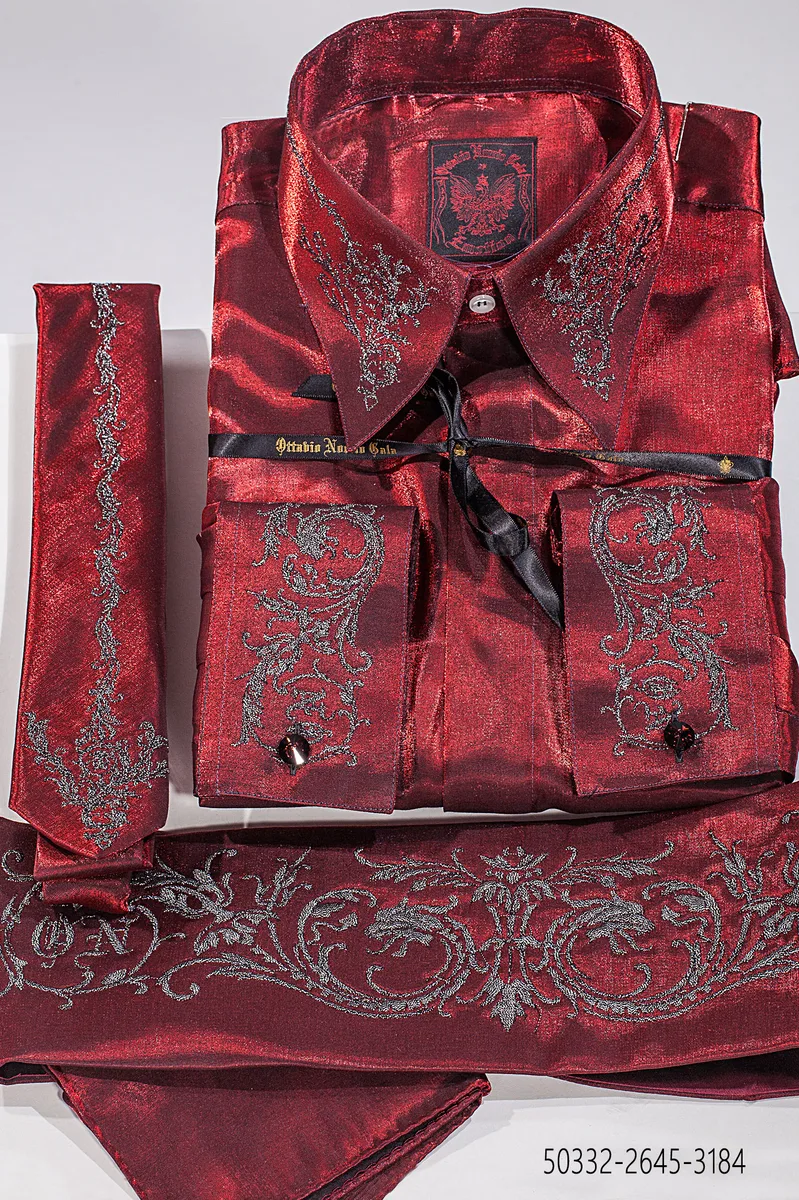 Red lurex shirt, necktie and cummerbund with embroidery