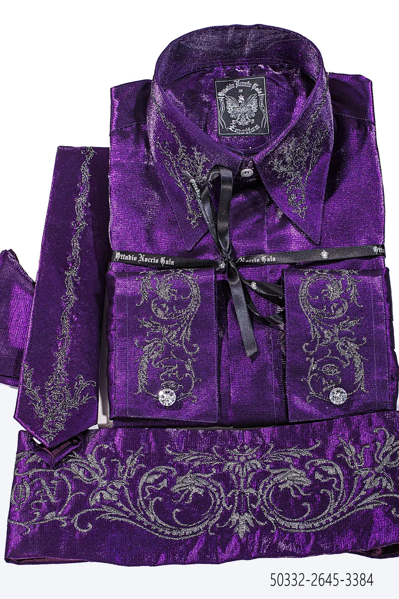 Camicia, Cravatta e Fascia in tessuto lurex viola scuro con ricamo