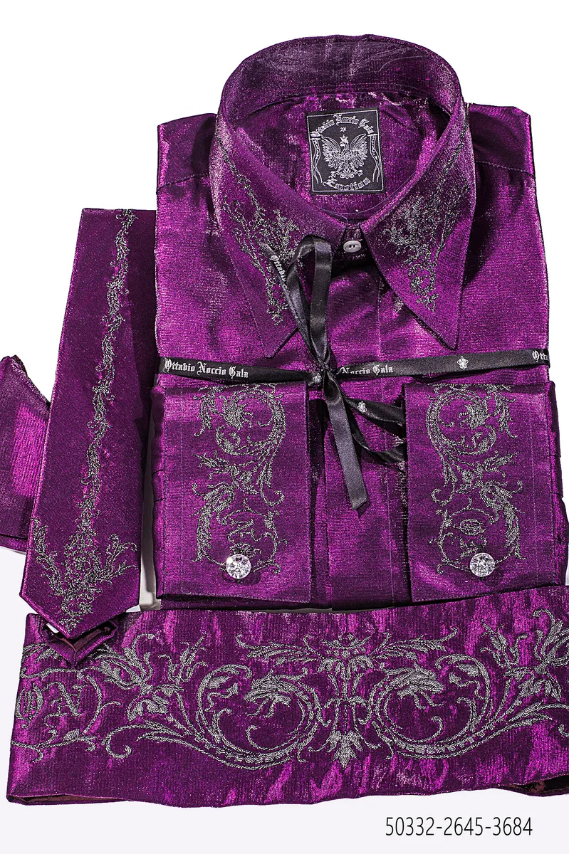 Camicia, Cravatta e Fascia in tessuto lurex fucsia con ricamo