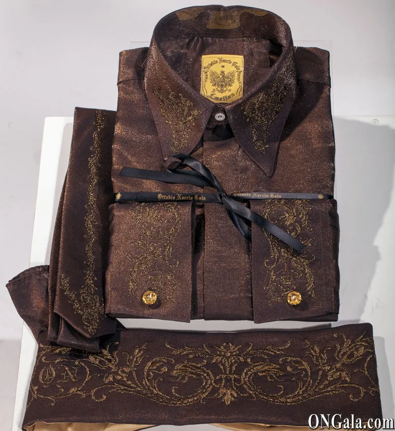 Brown Lurex Shirt, Tie and Cummerbund Set with Embroidery