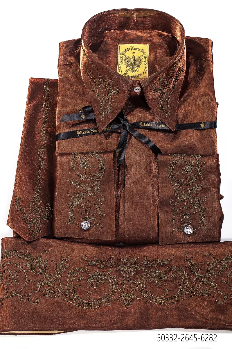 Camicia, Cravatta e Fascia in tessuto lurex marrone con ricamo