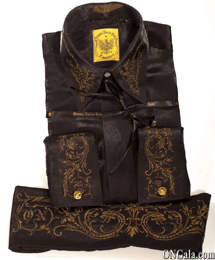 Camicia, Cravatta e Fascia in tessuto lurex nero con ricamo