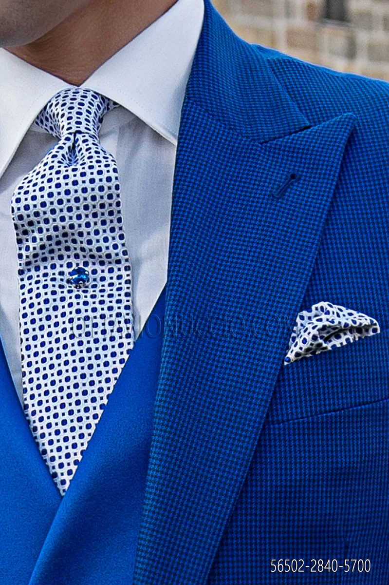 Cravatta e Fazzoletto in seta bianco disegno blu royal
