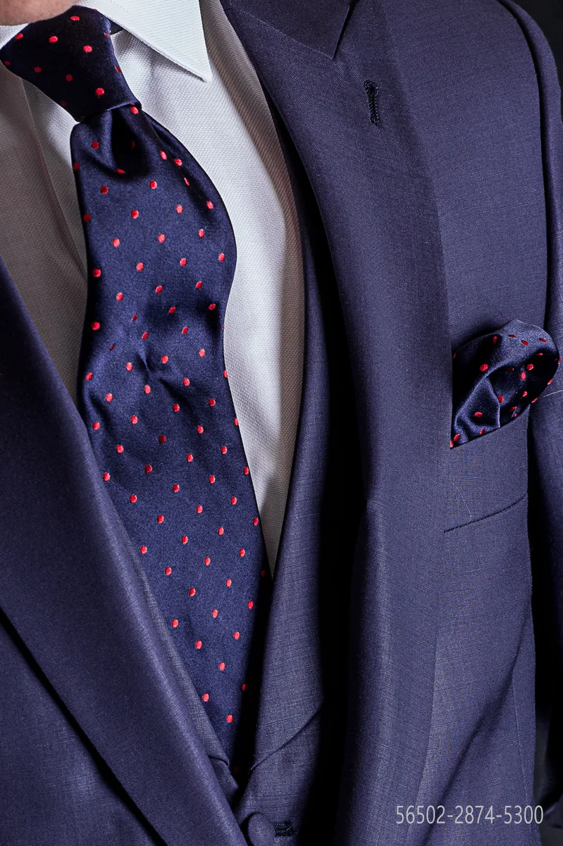 Cravatta e Fazzoletto in seta blu pois rossi