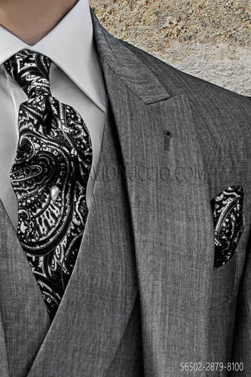 Krawatte und Einstecktuch, schwarz/weiß, aus Jacquard-Seide