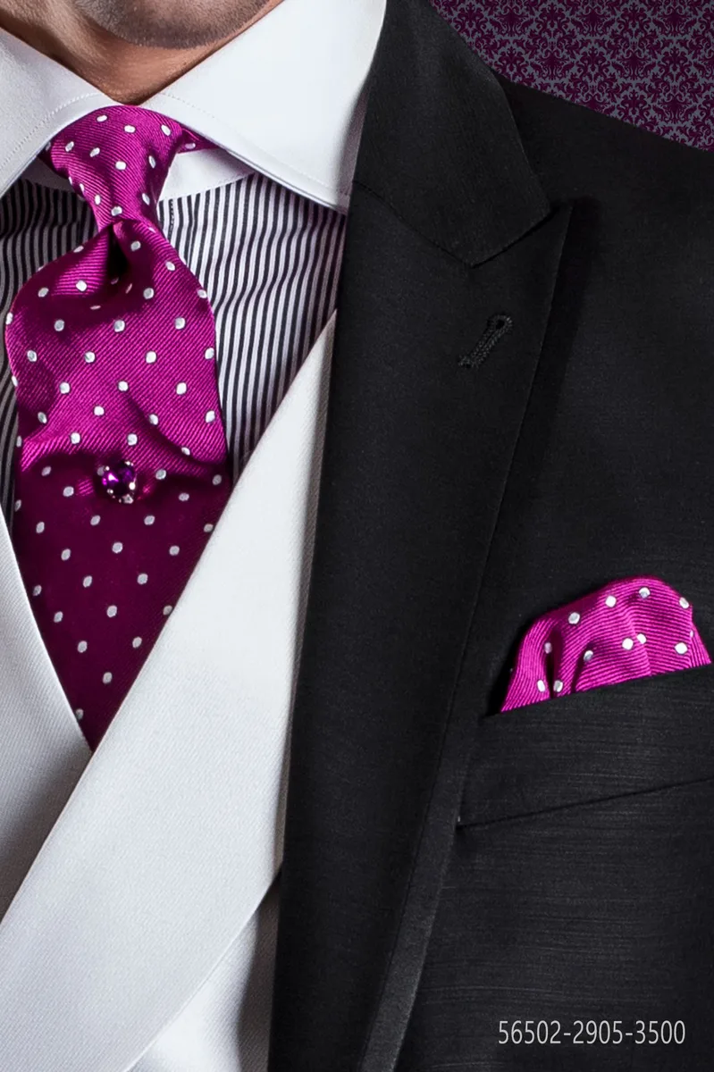Cravatta e Fazzoletto in seta fucsia con pois bianchi