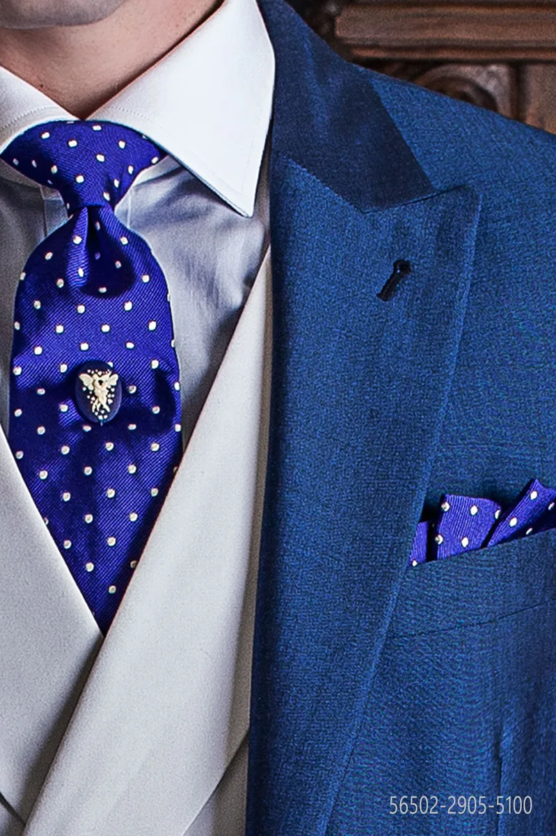 Cravatta e Fazzoletto in seta blu royal con pois bianchi