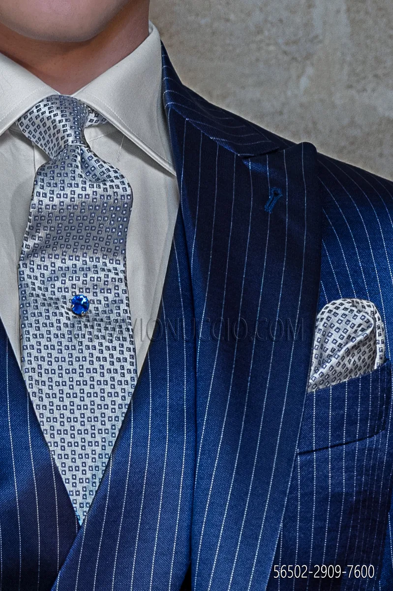 Cravatta e Fazzoletto in seta microdisegni royal su grigio perla