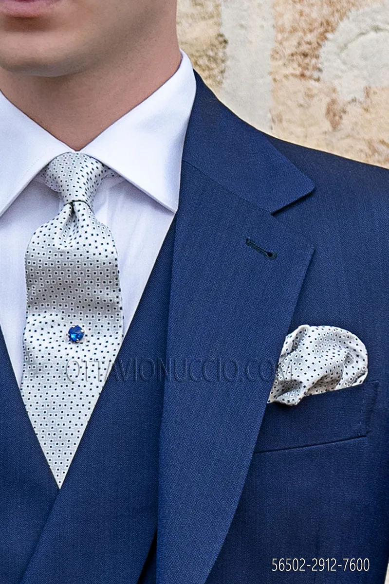 Cravatta e Fazzoletto seta microdisegni royal su grigio perla