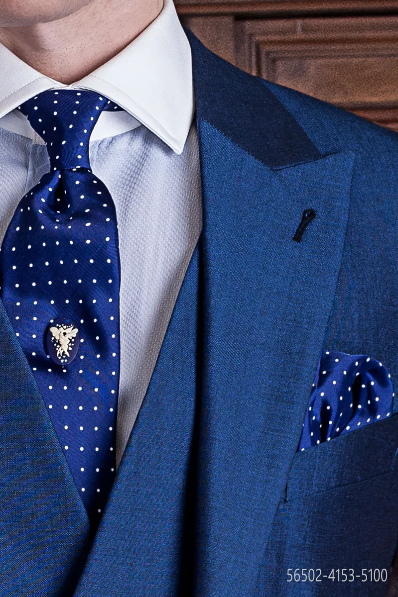 Cravatta blu royal con pois bianchi con fazzoletto