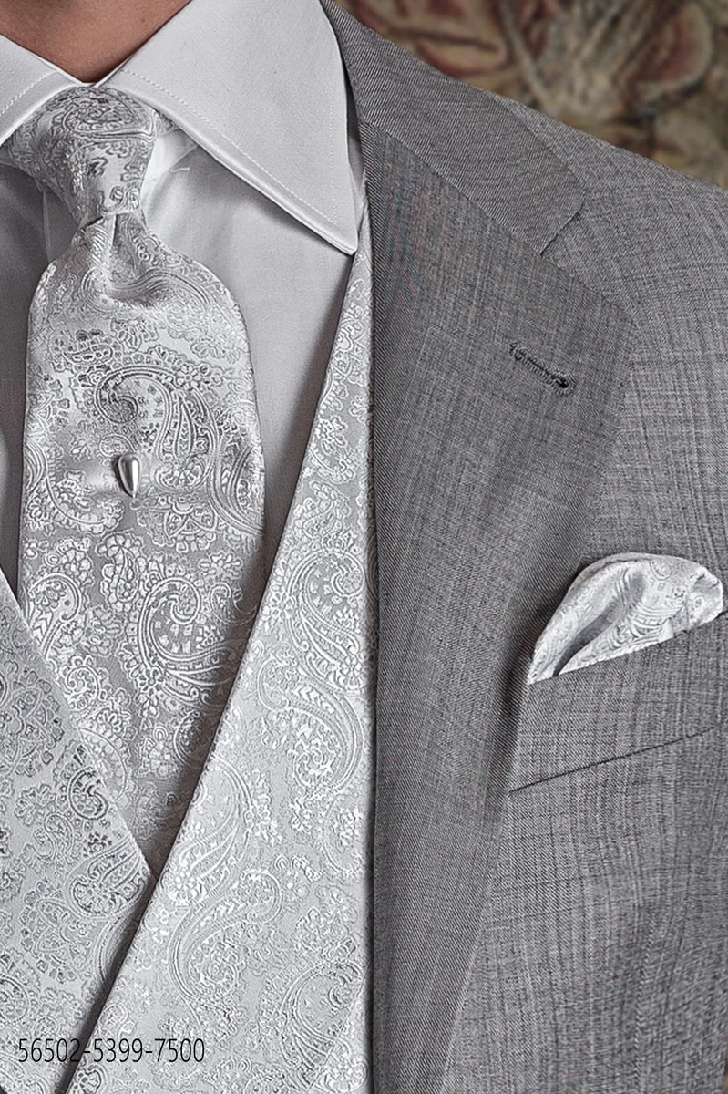 Cravatta grigio chiaro damascata con fazzoletto