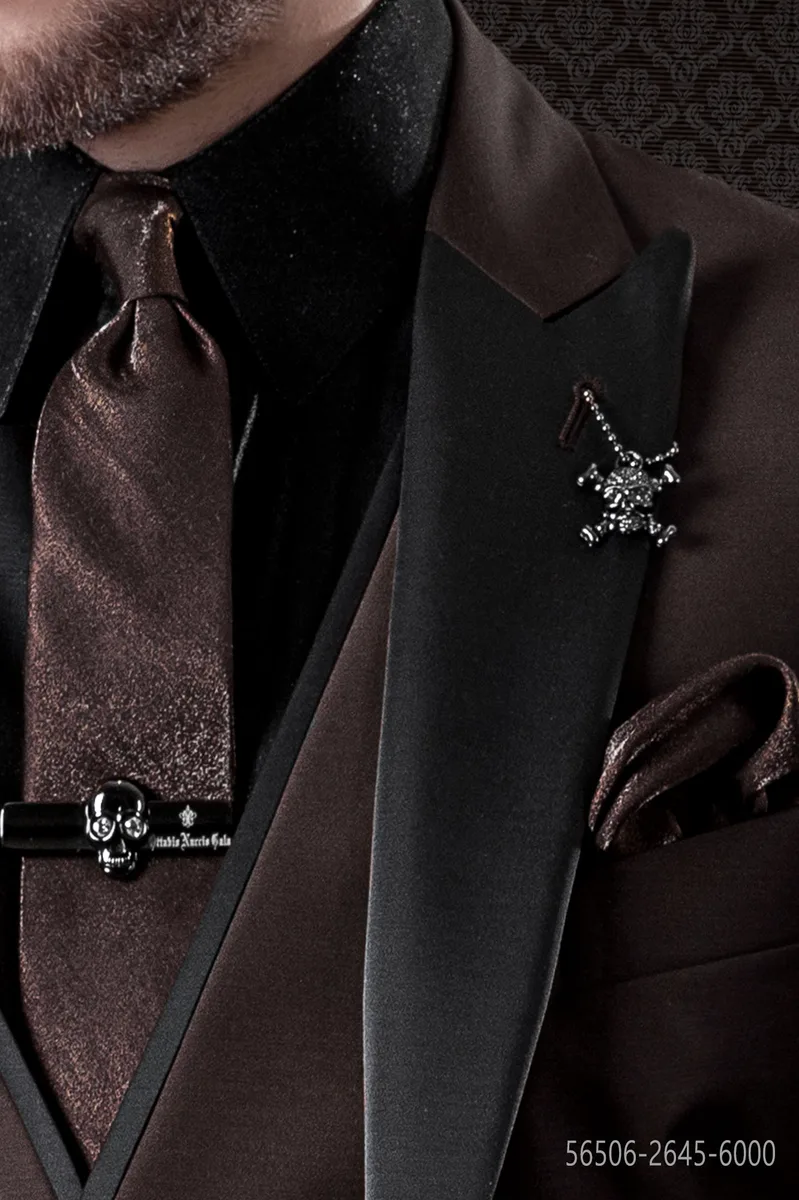 Cravattino e fazzoletto in lurex marrone