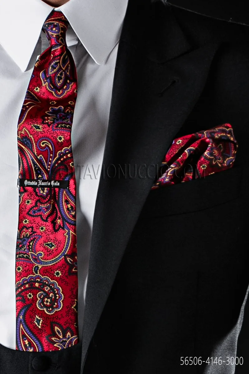 Cravattino e fazzoletto disegno Paisley rosso