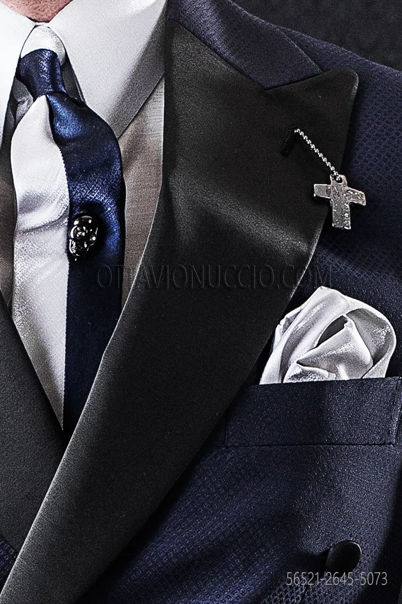 Cravattino bicolore in lurex blu e grigio perla con fazzoletto