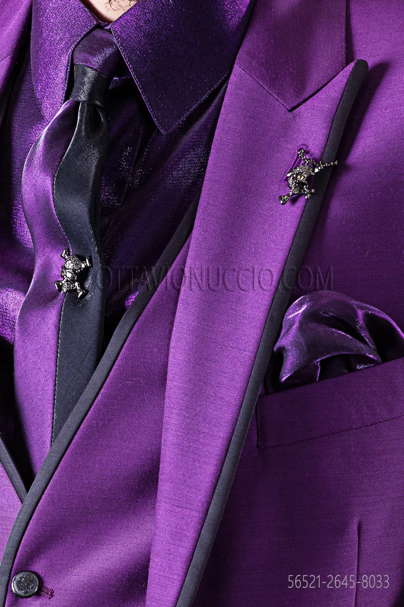 Cravattino bicolore in lurex nero e viola con fazzoletto
