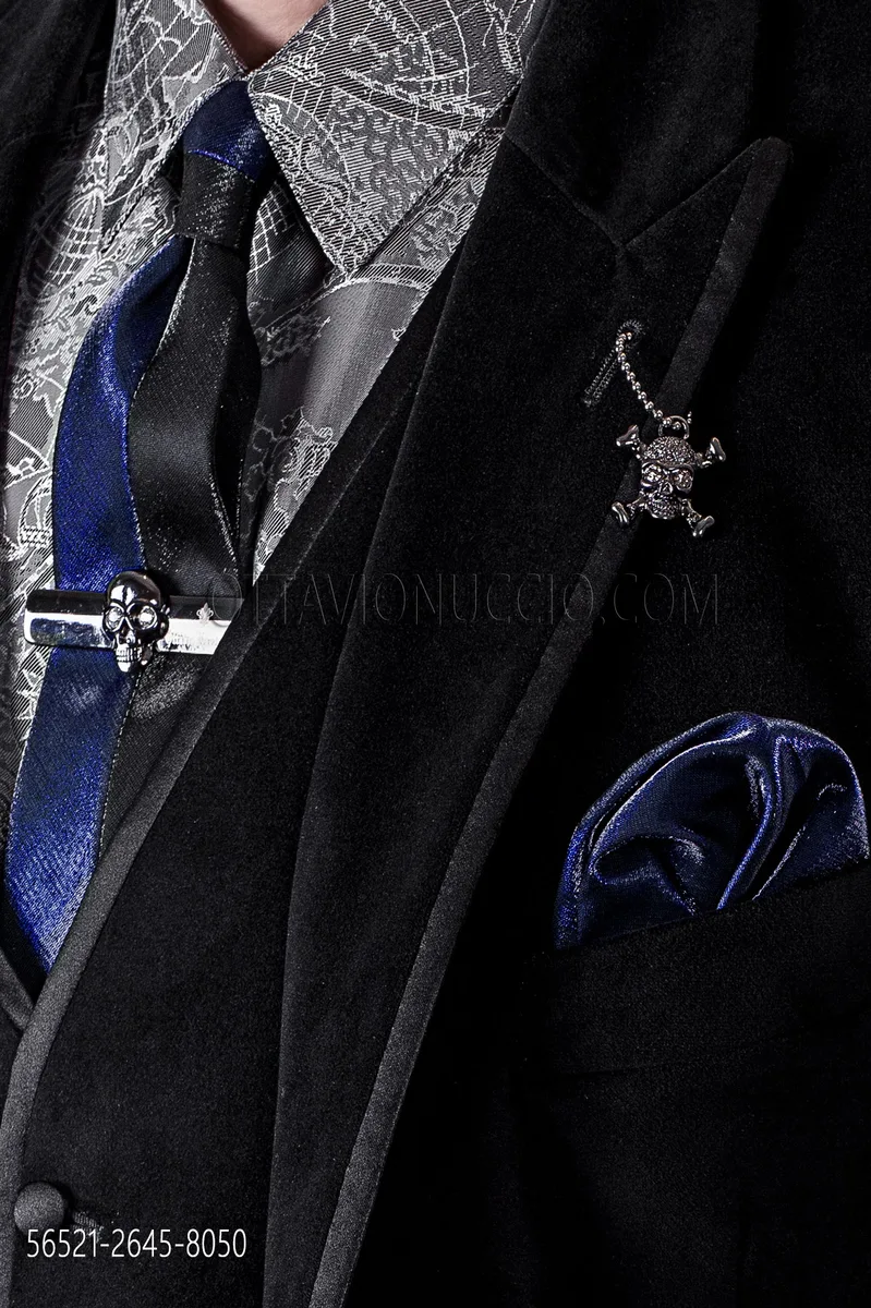 Cravattino bicolore in lurex nero e blu con fazzoletto