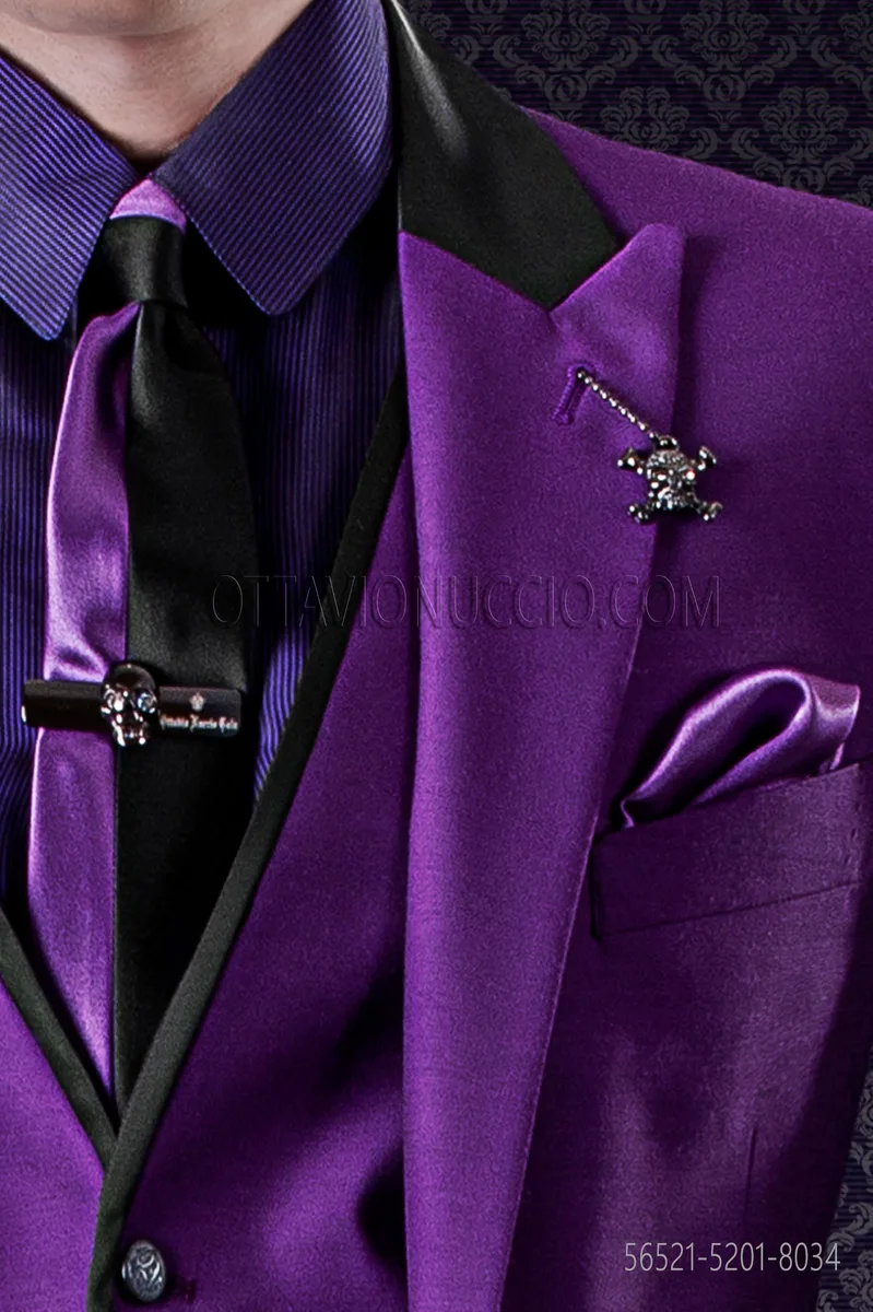 Cravattino bicolore nero e viola in raso con fazzoletto