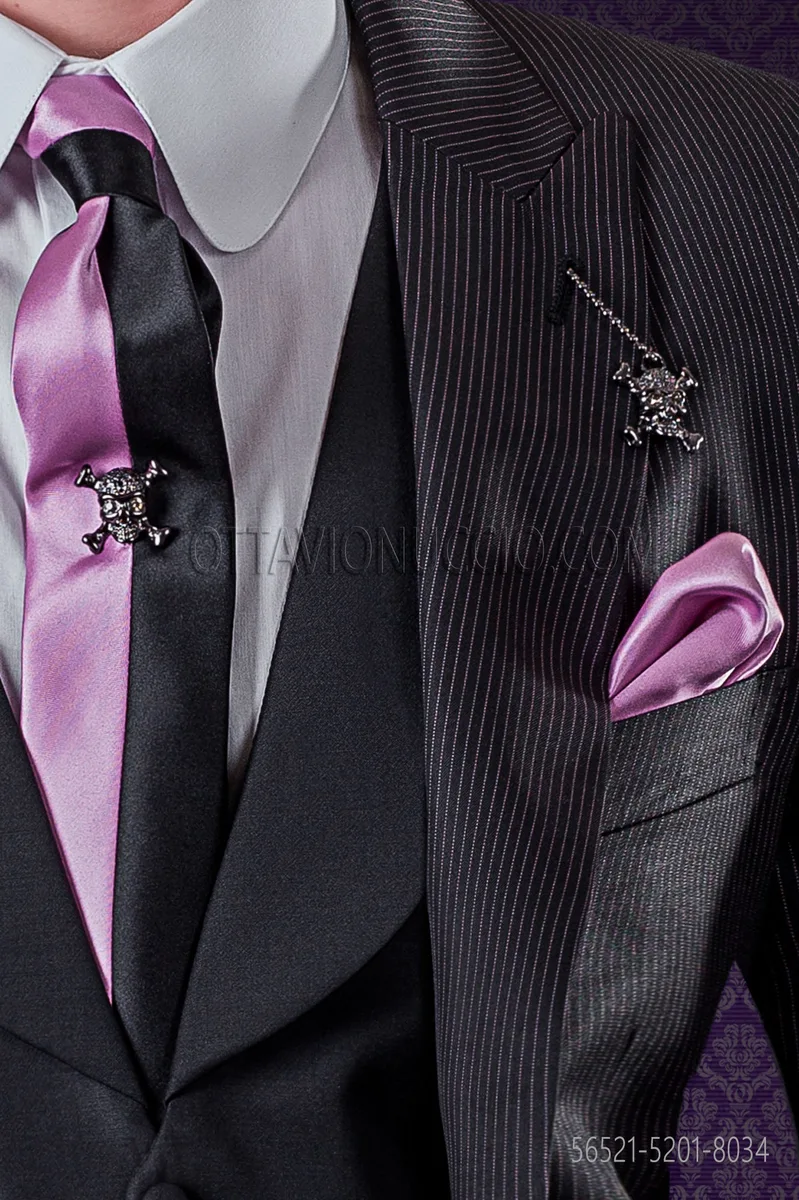 Cravattino bicolore nero e rosa in raso con fazzoletto