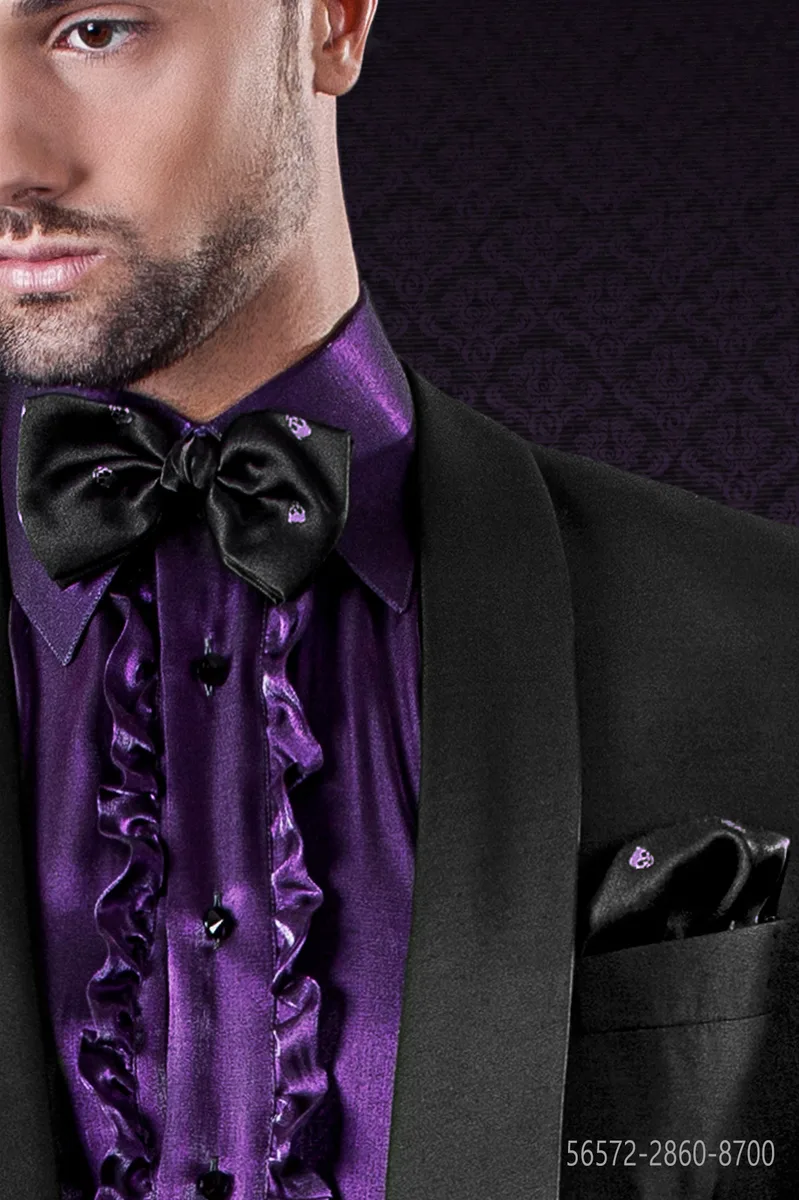 Papillon e Fazzoletto in seta nero con teschi viola