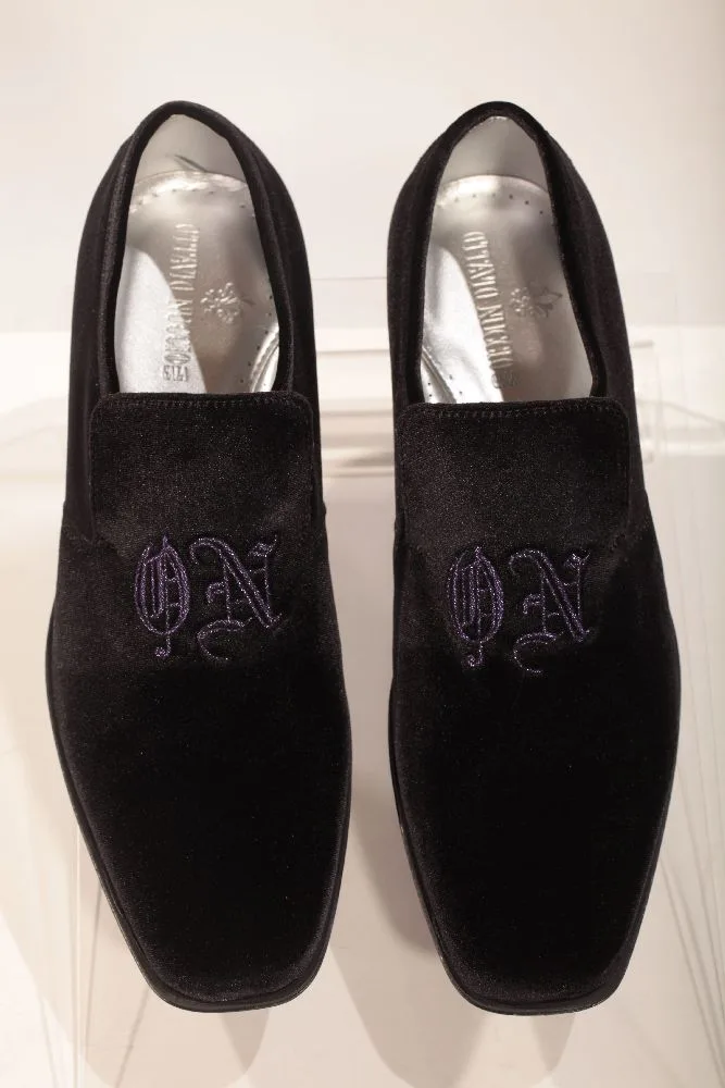Black velvet slippers with black and purple embroidery