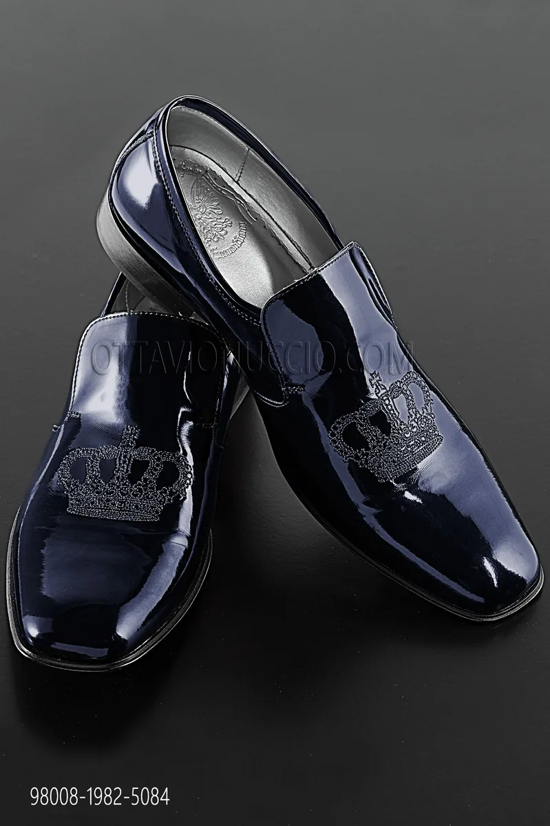 Slipper blu con ricamo corona nero-argento
