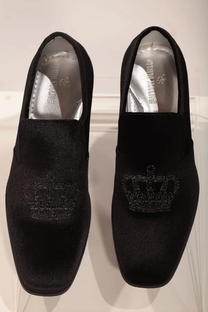 Slipper velluto nero con ricamo corona nero-argento