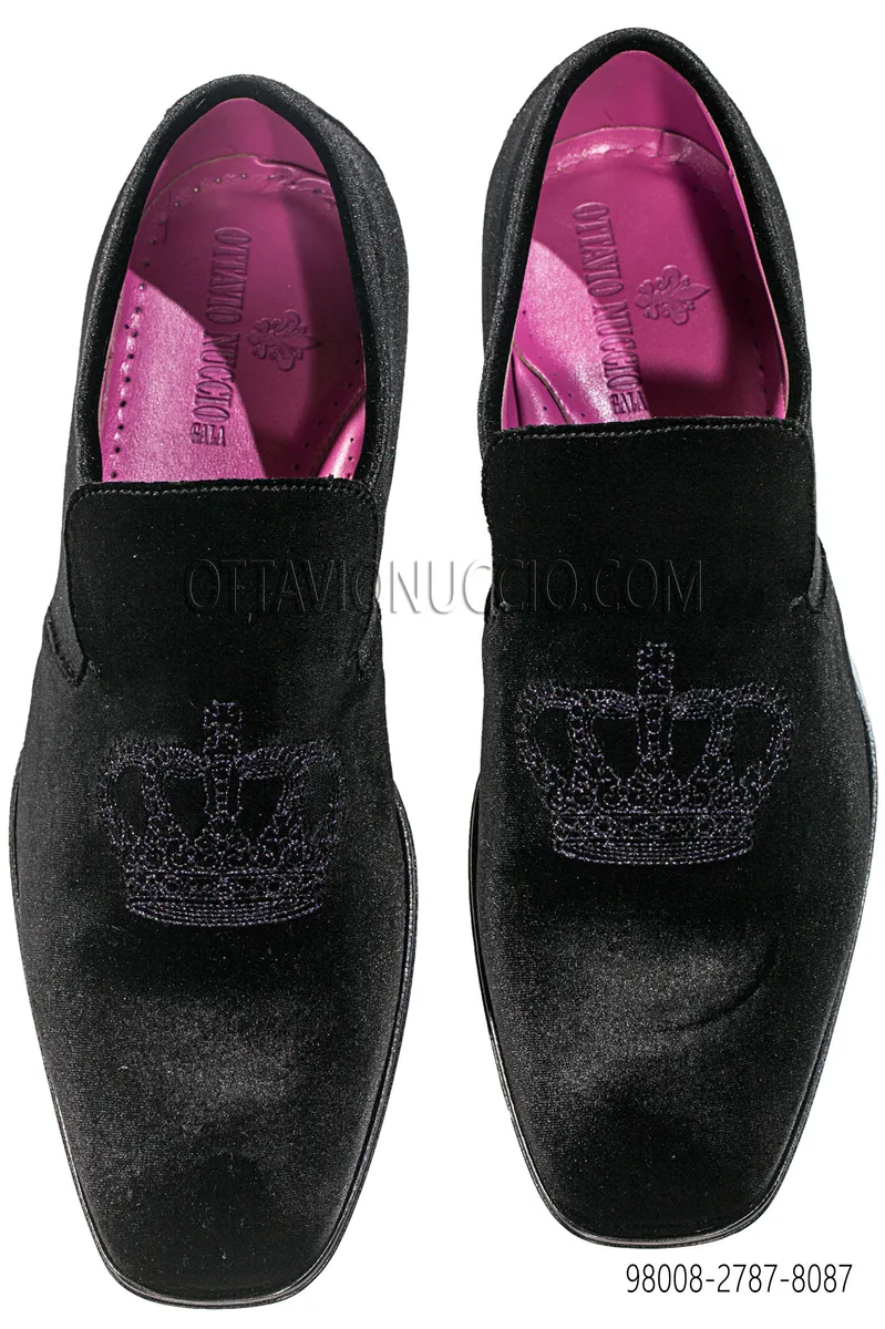 Slipper velluto nera con ricamo corona nero-viola