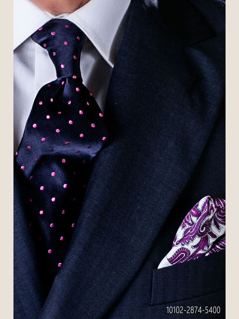 Cravatta in pura seta blu con pois rosa