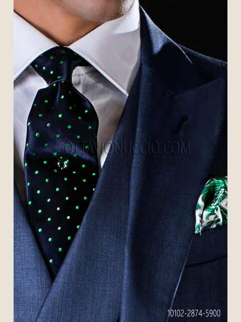 Cravatta in pura seta blu con pois verdi