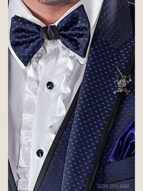 Papillon bicolore jacquard nero con pois blu