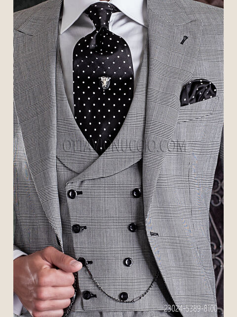 Gilet 8 bottoni in tessuto galles grigio