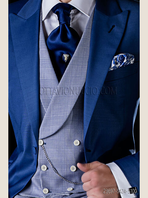 Gilet doppiopetto sciallato Principe di Galles azzurro