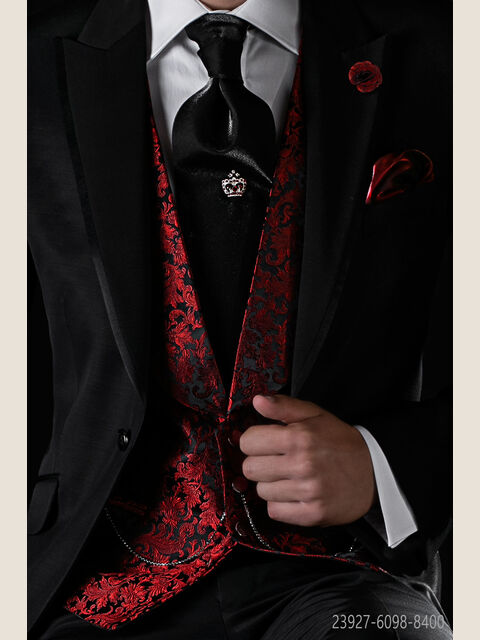 Gilet scollato sciallato in jacquard di seta rosso